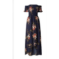 A navy blue boho style long off shoulder maxi dress women floral with pink and gold rose pattern