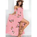 A flowing pink boho style long dress women floral with an off shoulder maxi design and vibrant burgundy orange green pattern