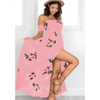 A flowing pink boho style long dress women floral with an off shoulder maxi design and vibrant burgundy orange green pattern
