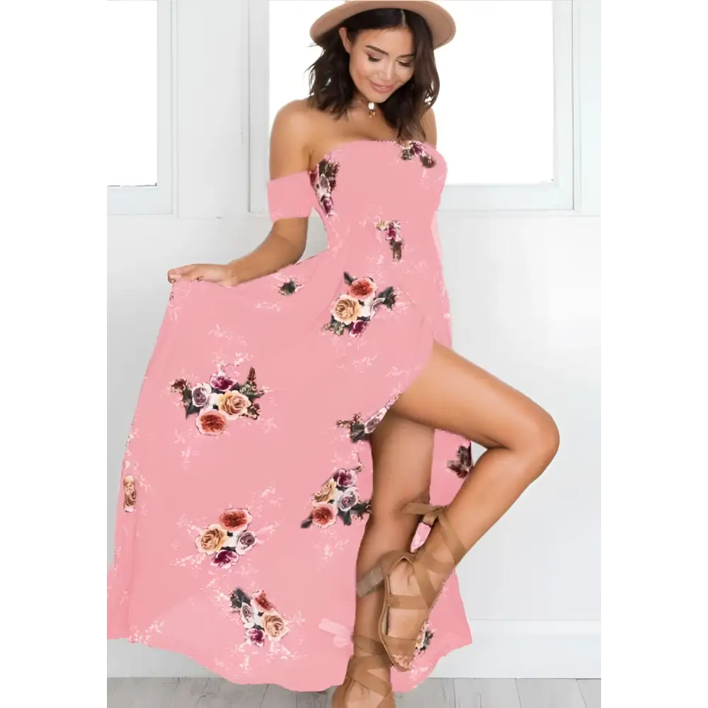 A flowing pink boho style long dress women floral with an off shoulder maxi design and vibrant burgundy orange green pattern
