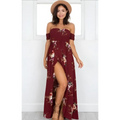 A flowing maroon boho style long dress women floral off shoulder maxi with a high slit and delicate floral pattern