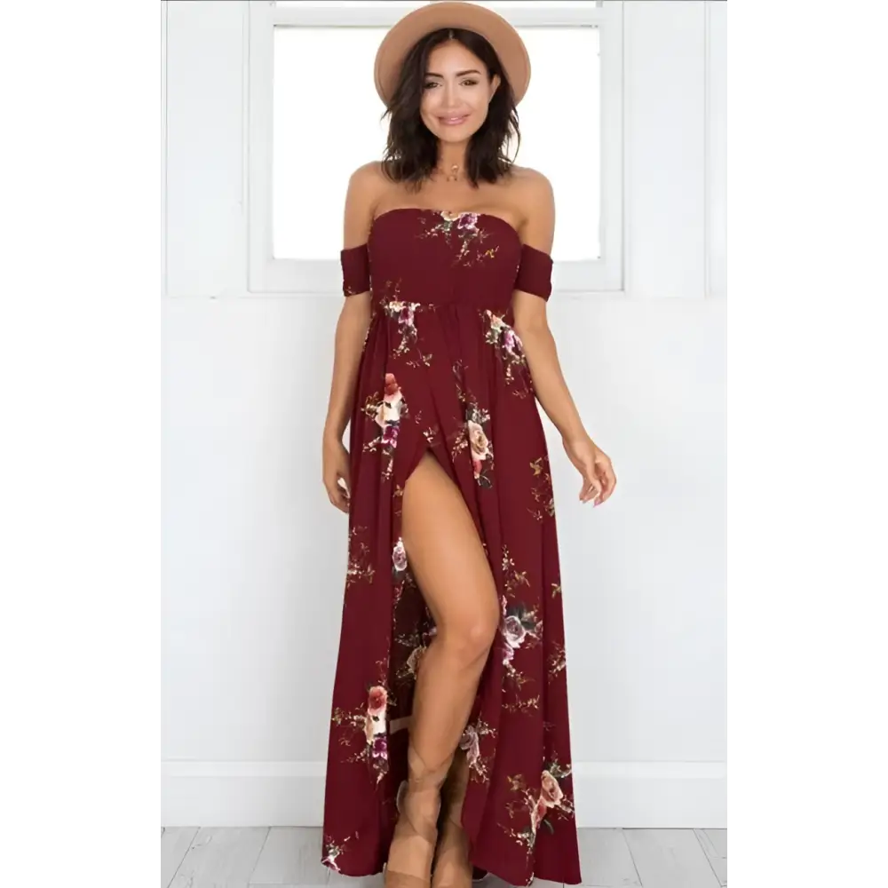 A flowing maroon boho style long dress women floral off shoulder maxi with a high slit and delicate floral pattern