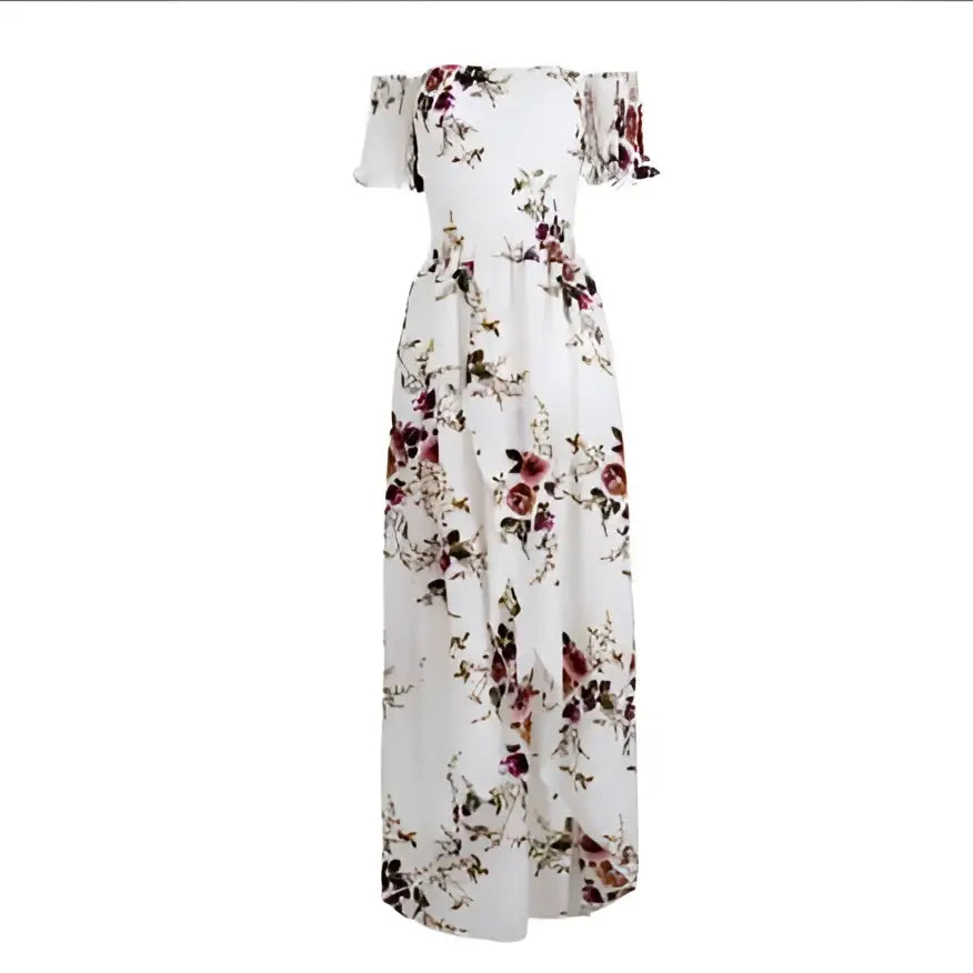 A flowing white boho style long off shoulder maxi dress women floral with burgundy and green delicate pattern
