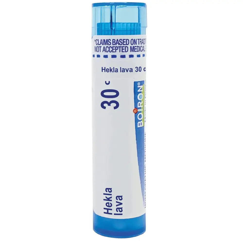 Blue-tinted plastic tube of boiron hekla lava 30c homeopathic remedy for natural health support