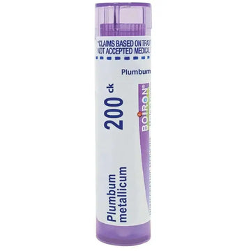 Purple-tinted cylindrical tube of boiron plumbum metallicum 200ck homeopathic remedy for natural health support