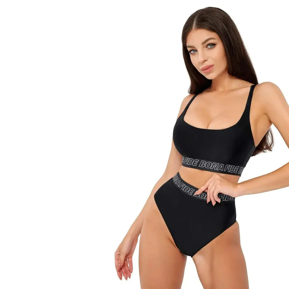 Black two-piece sexy halter triangle bikini set with fade bona text banding on top and thong bikini bottom