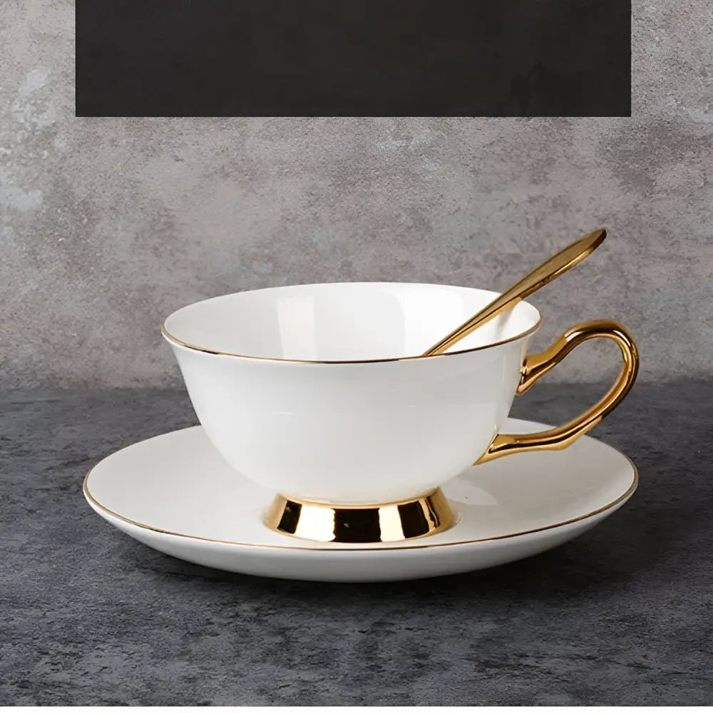 Elegant white bone china coffee cup and saucer afternoon tea set with gold accents and handles