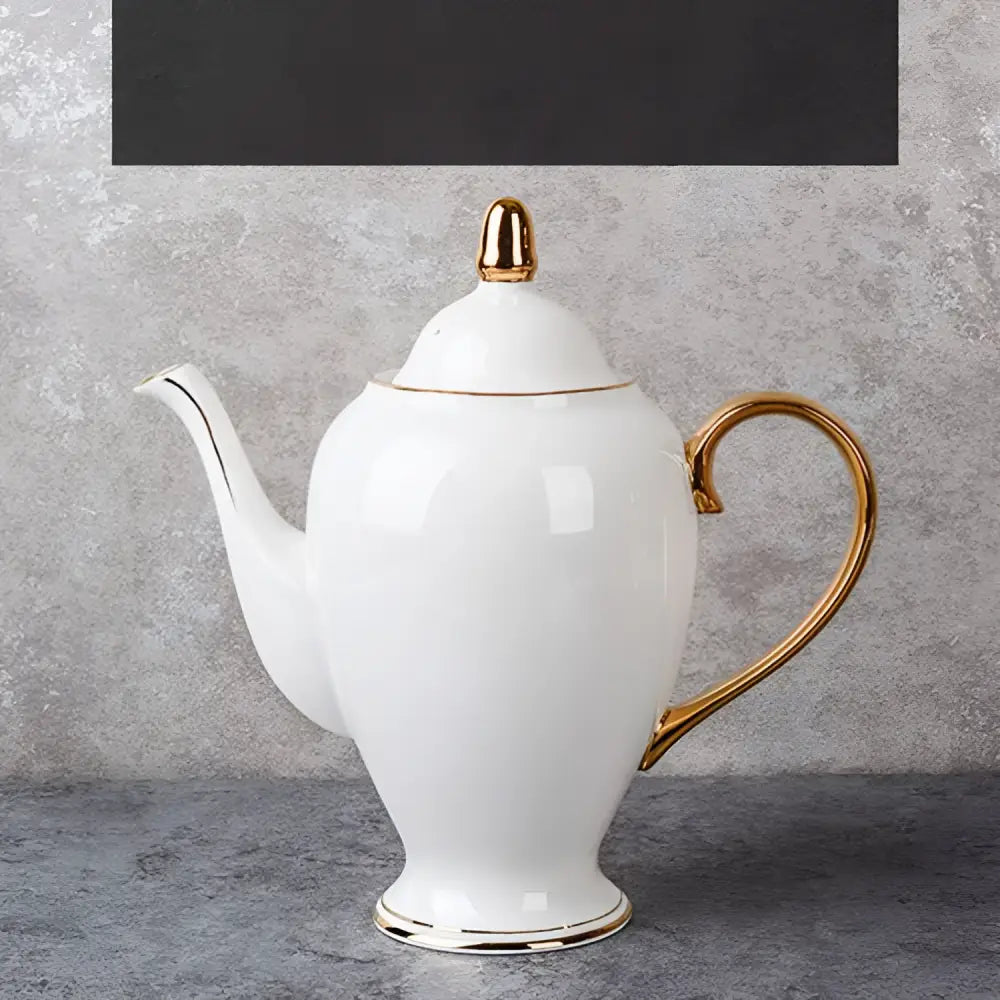 Elegant white bone china coffee pot with gold-trimmed lid handle and spout for saucer afternoon tea set