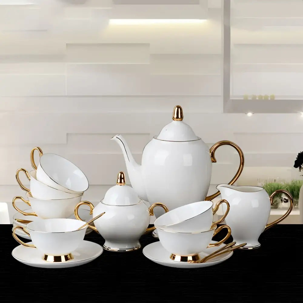 Elegant white bone china coffee cup and saucer afternoon tea set with gold accents and handles