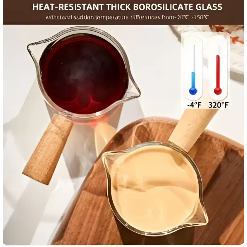 Clear borosilicate glass espresso measuring cups with wood handle filled with dark red liquid and light beige substance