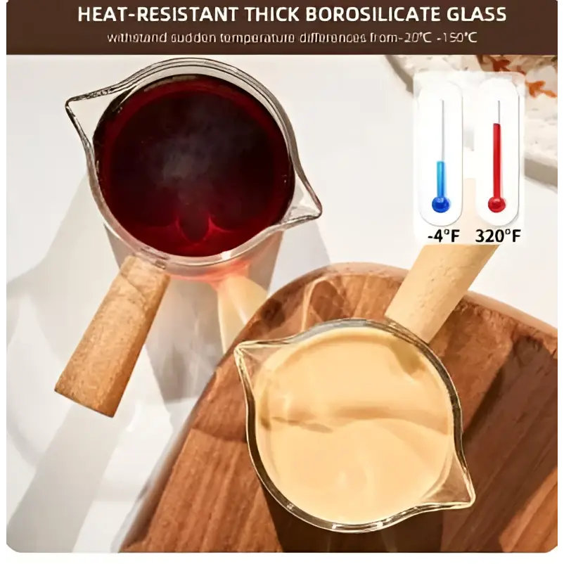 Clear borosilicate glass espresso measuring cups with wood handle filled with dark red liquid and light beige substance