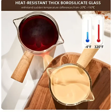 Clear borosilicate glass espresso measuring cups with wood handle filled with dark red liquid and light beige substance