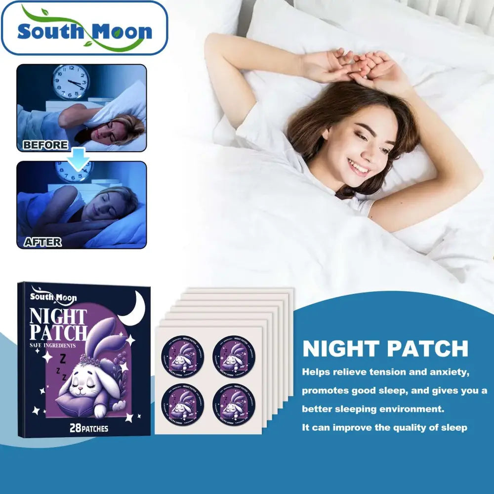 Purple circular botanical cartoon sleep patches with bunny design in a south moon night patch box for stress relief