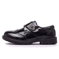 Boys black patent leather brogue shoe with silver buckle and textured rubber sole in casual single style
