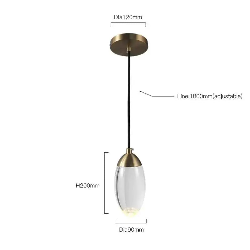 A brass and glass raindrop pendant light featuring a brass-finished metal fixture and oval clear glass shade with contemporary elegance