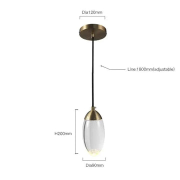 A brass and glass raindrop pendant light featuring a brass-finished metal fixture and oval clear glass shade with contemporary elegance