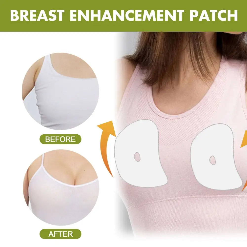 White firming breast enhancement patches applied on a pink sports bra for lifting and improved skin elasticity