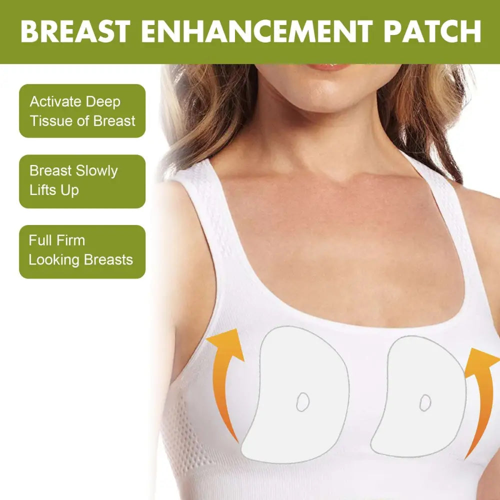 White firming breast enhancement patches with adhesive design applied to a white tank top for skin elasticity