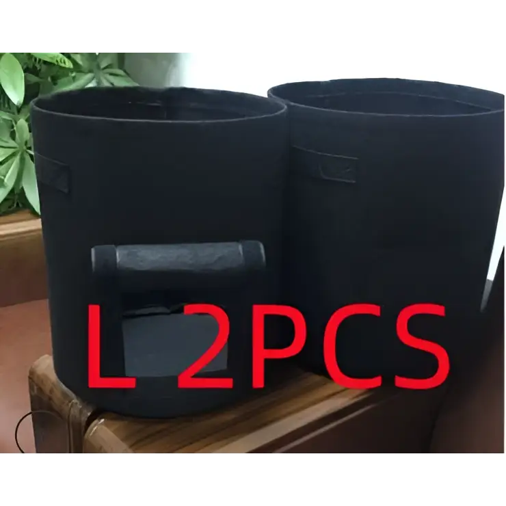 Three breathable potato tomato plant growth bags in beige green and black with clear windows showing potatoes inside