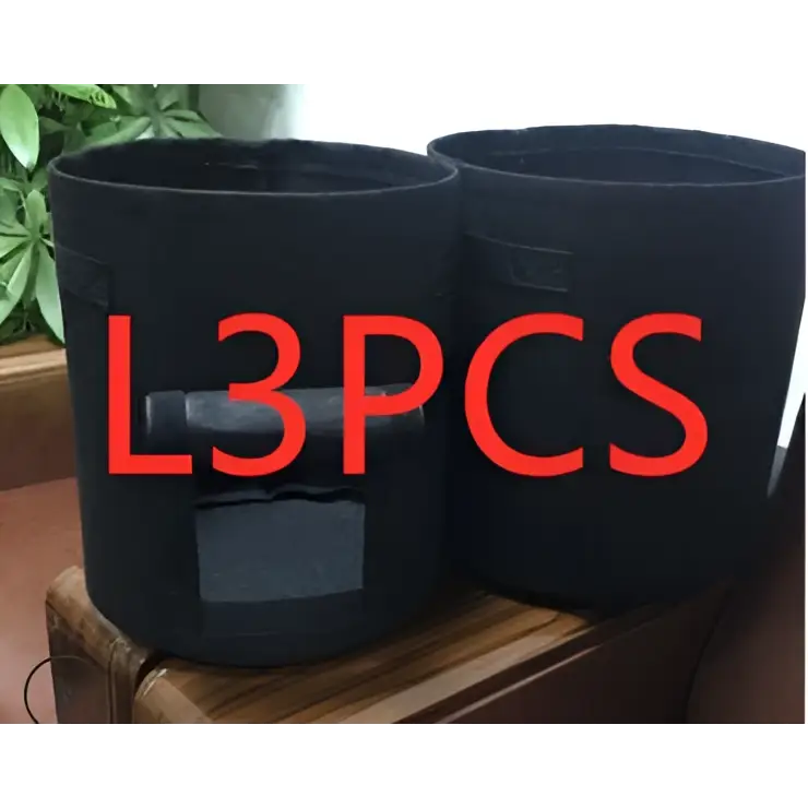 Black breathable potato tomato vegetable plant growth bags with reinforced stitching and rectangular patch details