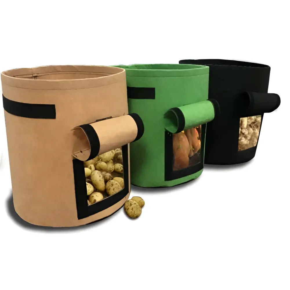Three breathable potato tomato plant growth bags in beige green and black with clear windows showing potatoes inside