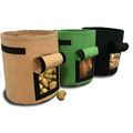 Three breathable potato tomato plant growth bags in beige green and black with clear windows showing potatoes inside
