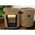 Brown breathable potato tomato vegetable plant growth bags with black trim and front pockets for gardening use
