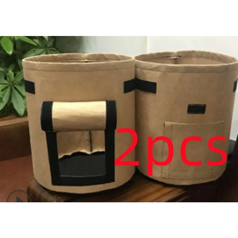 Beige breathable potato tomato vegetable plant growth bags with black reinforced straps and front pocket for gardening
