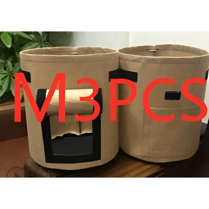 Brown fabric breathable potato tomato vegetable plant growth bags with black reinforced patches and front rectangular cutout