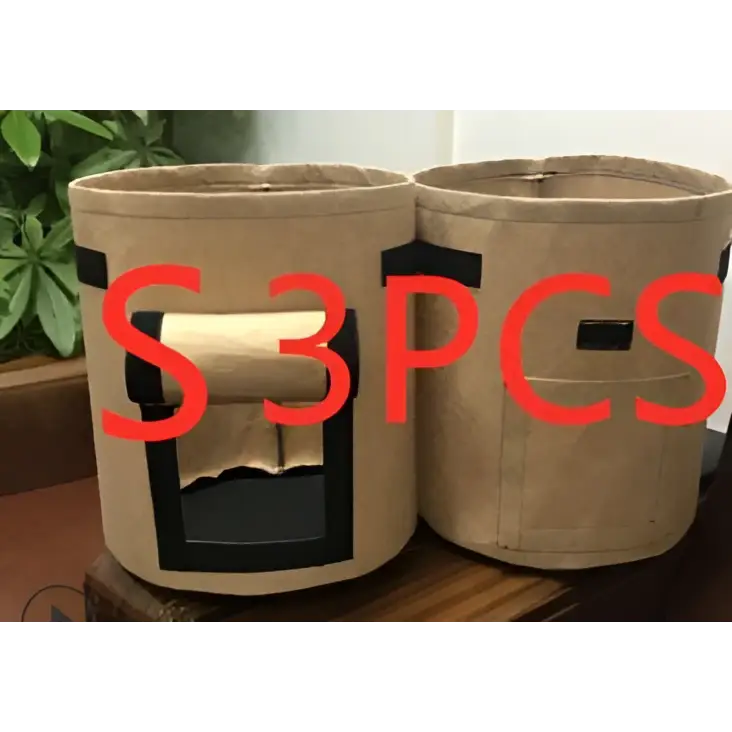 Brown breathable potato tomato vegetable plant growth bags with black reinforced patches and front rectangular cutout