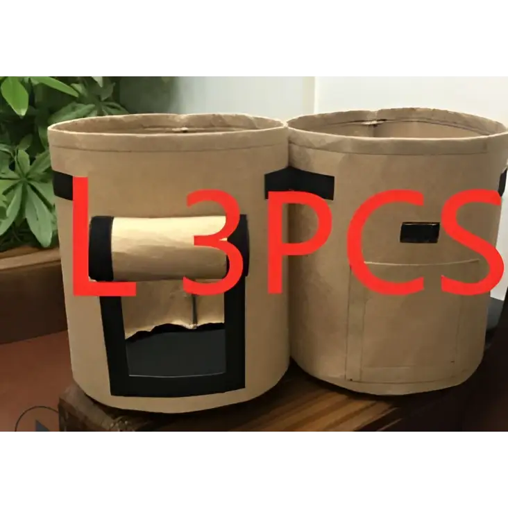 Brown breathable potato tomato vegetable plant growth bags with black reinforced bands and cut out window design