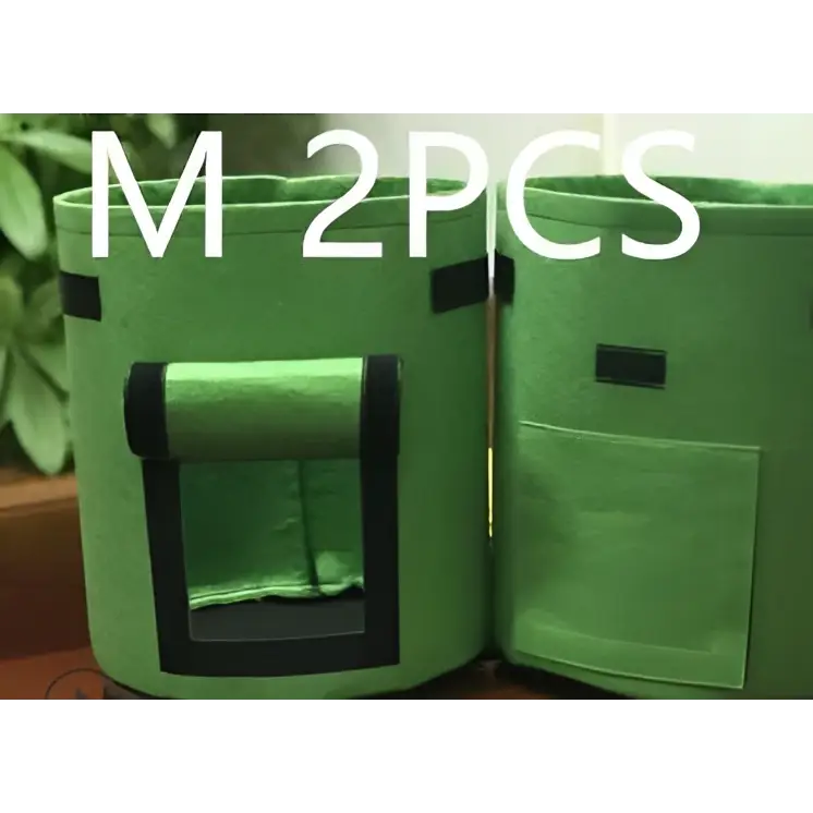 Green felt breathable potato tomato plant growth bags with black trim and front pockets for vegetable plants
