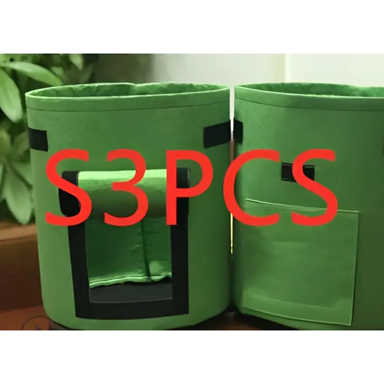Green breathable potato tomato vegetable plant growth bags with black trim and rectangular front cutout for planting