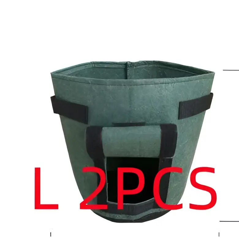 Green hexagonal breathable potato tomato vegetable plant growth bag with black reinforced straps and a handle