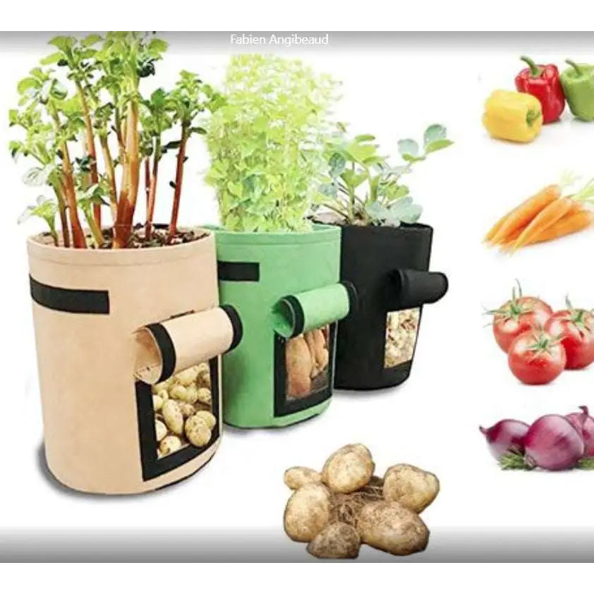 Beige green and black breathable potato tomato plant growth bags with side pockets for harvesting vegetables