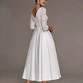 White lace and satin bridal deep v-neck midi dress with three-quarter sleeves perfect as a sleeve wedding dress