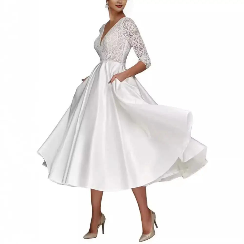 Elegant white bridal deep v-neck sleeve wedding dress with intricate lace bodice and satin skirt featuring three-quarter sleeves