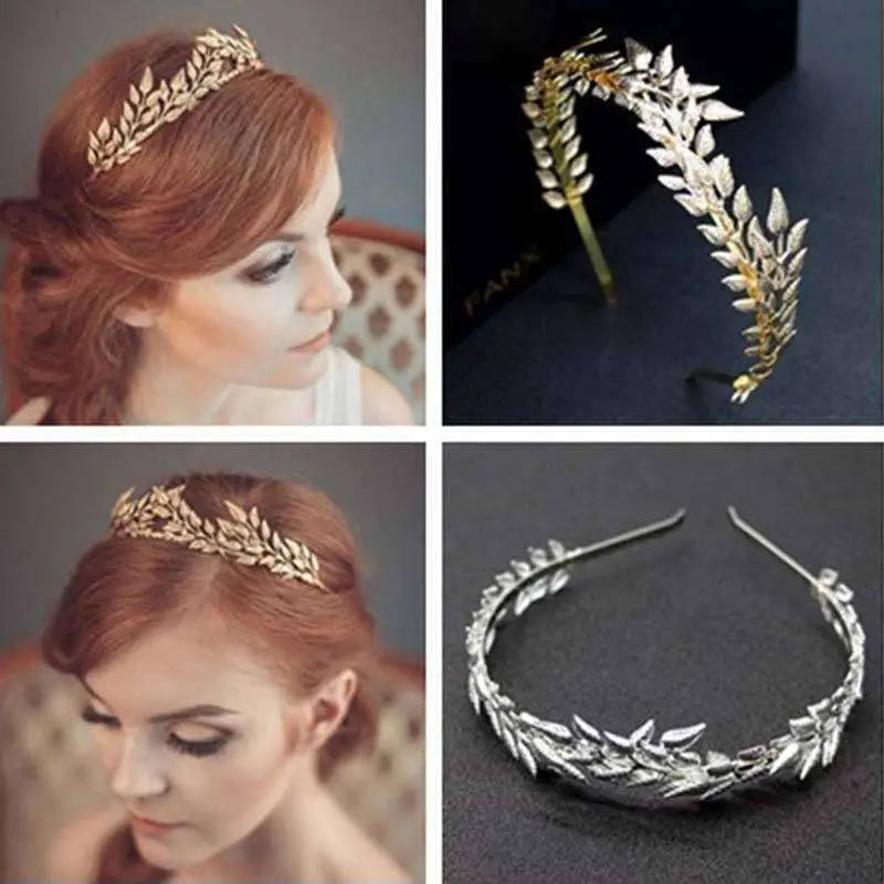 Bridal golden leaf alloy crown headband featuring gold and silver leaf patterns with intricate metalwork for weddings