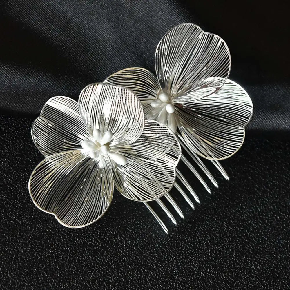Silver wirework super fairy golden flower comb with delicate petals and pearl-like center accents for bridal headdress