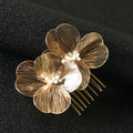 Bridal headdress super fairy golden flower comb with gold-toned wirework and delicate pearl centers