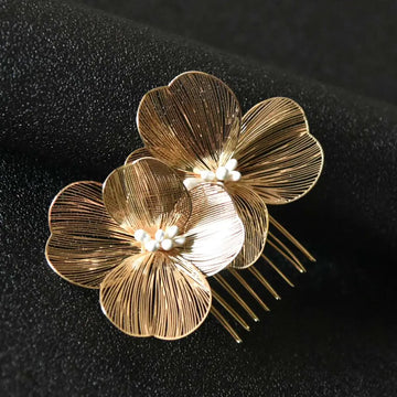 Bridal headdress super fairy golden flower comb with gold-toned wirework and delicate pearl centers