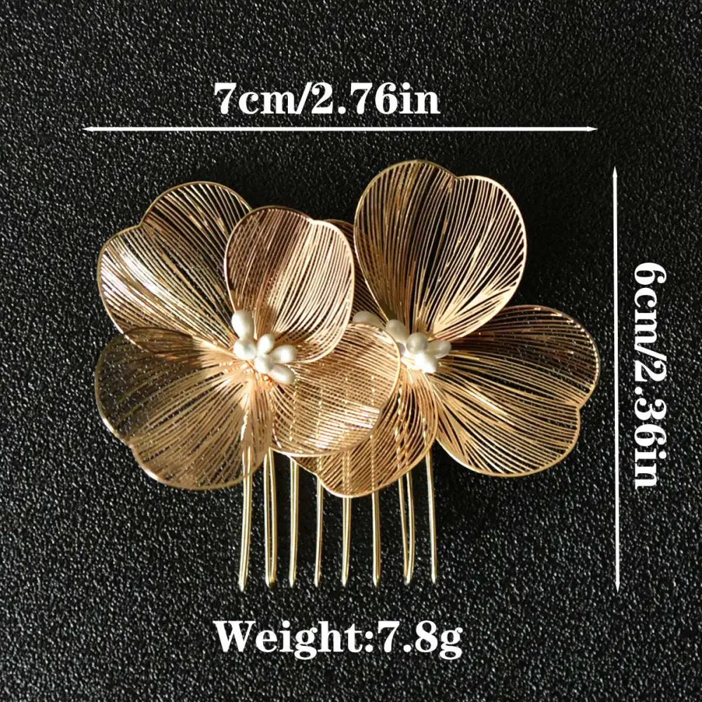 Bridal headdress super fairy golden flower comb with gold-toned wirework and delicate pearl centers