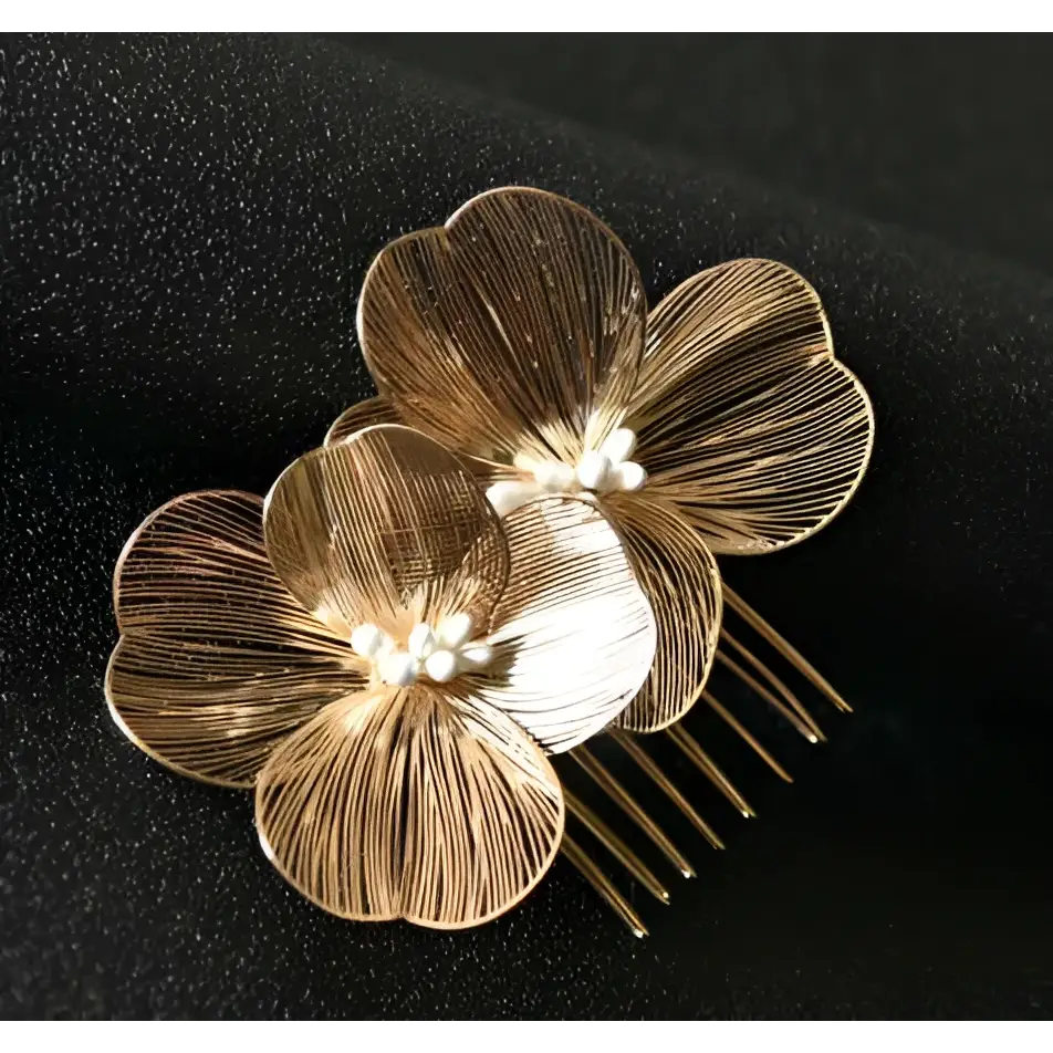 Bridal headdress super fairy golden flower comb with gold wirework and delicate pearl centers for elegant wear