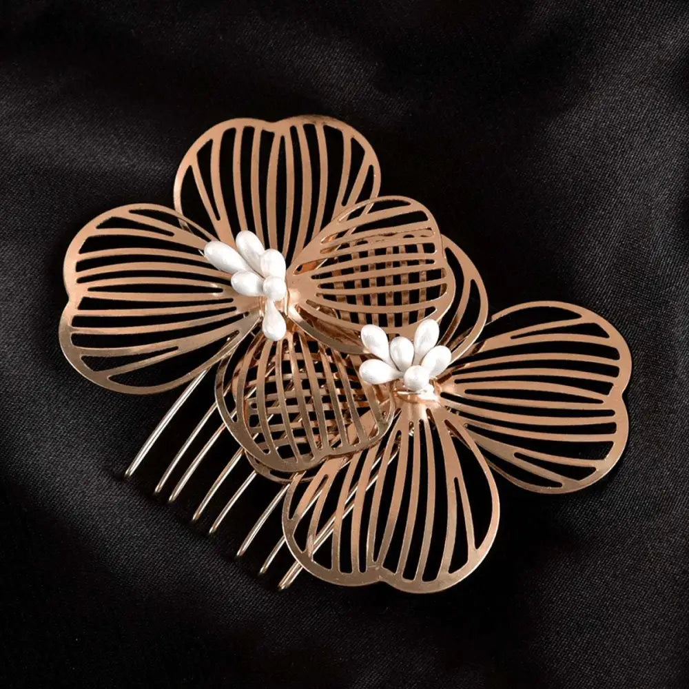 Rose gold bridal headdress super fairy golden flower comb with delicate cut-out petals and small white pearl flowers