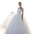 White bridal mesh long sleeve wedding dress with intricate lace detailing and voluminous skirt made of tulle