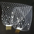 White beaded bridal veil pearl with large hole mesh and gold-colored mesh hair comb attachments for weddings
