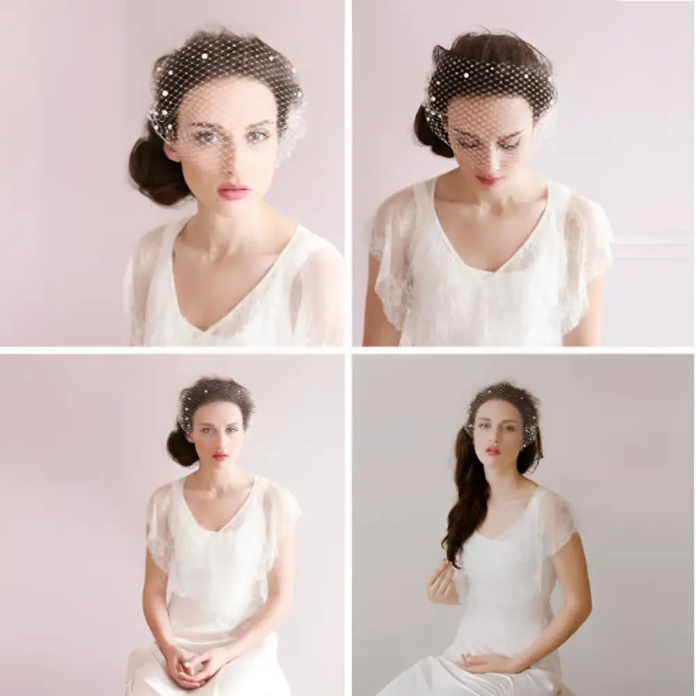 Delicate white bridal veil pearl with large hole mesh and small pearls on edges attached to mesh hair comb