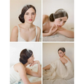 A delicate black bridal veil rhinestone hole mesh headdress elegantly draped over a woman’s styled updo