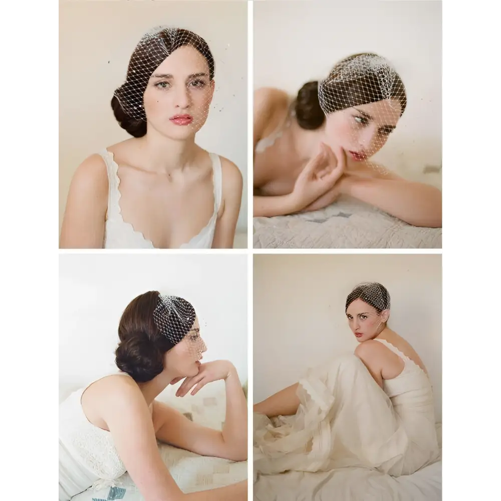 A delicate black bridal veil rhinestone hole mesh headdress elegantly draped over a woman’s styled updo