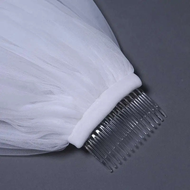 White tulle bridal wedding veil widened tail with sheer tulle fabric and clear plastic hair comb base
